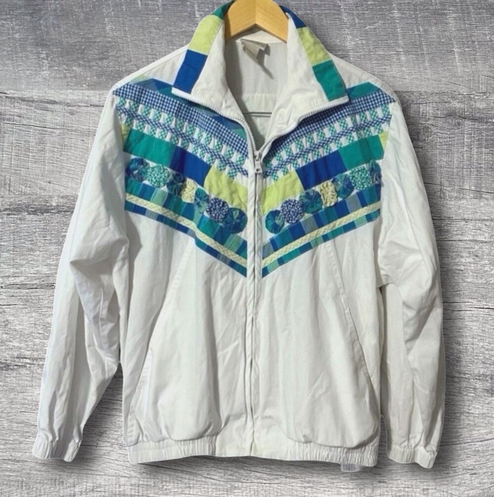 Koret Vintage Cottagecore Patchwork Jacket Womens M White Green Blue Pockets